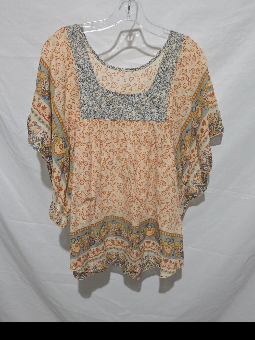 Boho Square-Neck Tunic Top in Cream and Blue Floral - Picture 2 of 4